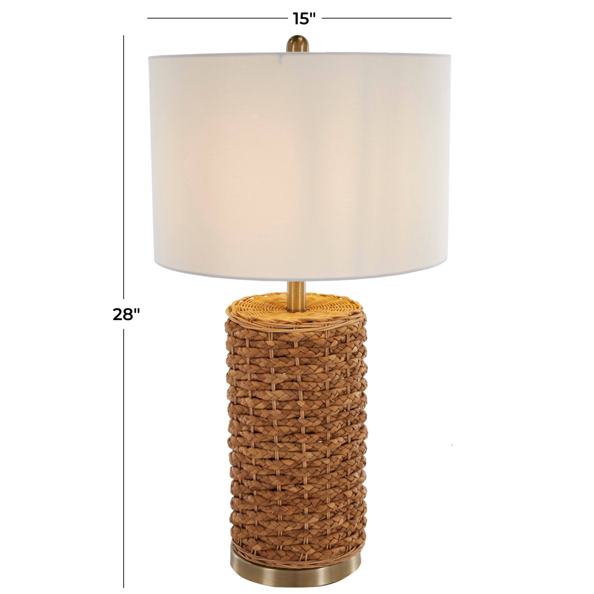 28" Bohemian Handmade Brown Rattan Textured Table Lamp with White Shade & Gold Base